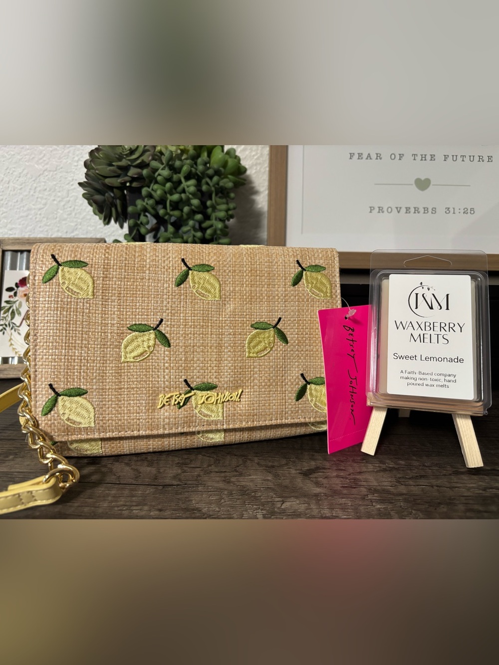 Betsey Johnson Lemon Embroidered Straw Clutch & Sweet Lemonade Wax Bundle